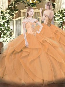 Off The Shoulder Sleeveless 15 Quinceanera Dress Floor Length Beading and Ruffles Orange Tulle