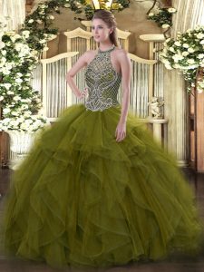 Edgy Halter Top Sleeveless 15th Birthday Dress Floor Length Beading Olive Green Organza