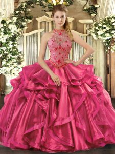 Amazing Halter Top Sleeveless Organza Sweet 16 Quinceanera Dress Beading and Embroidery and Ruffles Lace Up