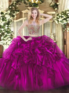 Stunning Organza Sleeveless Floor Length 15th Birthday Dress and Beading and Ruffles