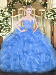 Trendy Baby Blue Sweetheart Neckline Beading and Lace and Ruffles Sweet 16 Quinceanera Dress Sleeveless Zipper
