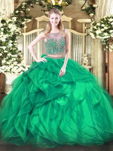 Low Price Floor Length Lace Up 15 Quinceanera Dress Turquoise for Military Ball and Sweet 16 and Quinceanera with Beadin