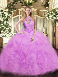 Elegant Floor Length Lilac Ball Gown Prom Dress Organza Sleeveless Beading