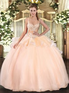 Fabulous Peach Sleeveless Organza Lace Up Ball Gown Prom Dress for Military Ball and Sweet 16 and Quinceanera