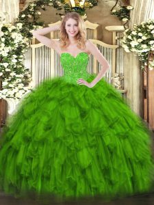 Fashion Green Sleeveless Organza Lace Up 15th Birthday Dress for Military Ball and Sweet 16 and Quinceanera
