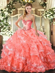 Decent Watermelon Red Ball Gowns Beading and Ruffled Layers Ball Gown Prom Dress Lace Up Organza Sleeveless Floor Length