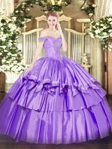 Glorious Organza and Taffeta Off The Shoulder Sleeveless Lace Up Beading and Ruffled Layers Quinceanera Gown in Lavender