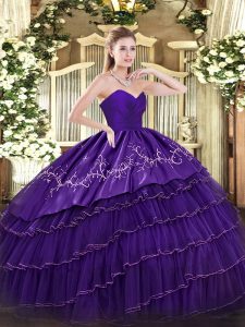 New Style Floor Length Purple 15 Quinceanera Dress Organza and Taffeta Sleeveless Embroidery and Ruffled Layers