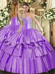 Deluxe Floor Length Lavender Sweet 16 Dress Organza and Taffeta Sleeveless Beading and Ruffled Layers