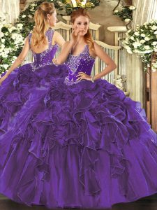 Affordable Purple Sleeveless Organza Lace Up Sweet 16 Dresses for Military Ball and Sweet 16 and Quinceanera