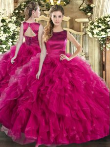 Adorable Floor Length Fuchsia Quinceanera Dresses Scoop Sleeveless Lace Up