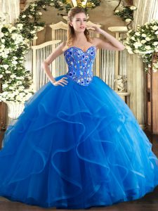 Royal Blue Lace Up Sweet 16 Quinceanera Dress Embroidery and Ruffles Sleeveless Floor Length