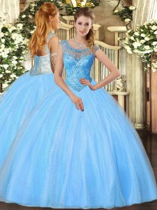 Sweet Baby Blue Ball Gowns Tulle Scoop Sleeveless Beading Floor Length Lace Up Quinceanera Gowns