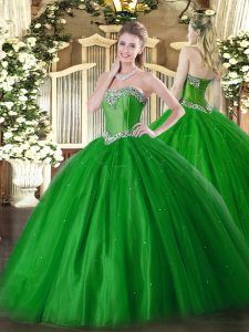 Super Floor Length Lace Up Quinceanera Dress Green for Military Ball and Sweet 16 and Quinceanera with Beading