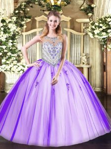 Adorable Sleeveless Tulle Floor Length Zipper Sweet 16 Dress in Lavender with Beading and Appliques