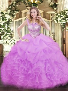 Customized Organza Scoop Sleeveless Lace Up Beading and Ruffles and Pick Ups Sweet 16 Dresses in Lilac
