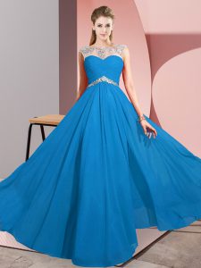 Blue Prom Gown Prom and Party with Beading Scoop Sleeveless Clasp Handle