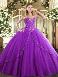 Brush Train Ball Gowns Quinceanera Gowns Eggplant Purple Sweetheart Tulle Sleeveless Lace Up