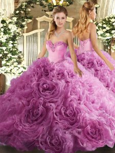 Sweetheart Sleeveless Lace Up 15th Birthday Dress Rose Pink Fabric With Rolling Flowers