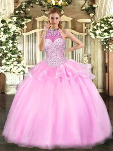 Pink Lace Up Halter Top Beading Sweet 16 Dresses Tulle Sleeveless