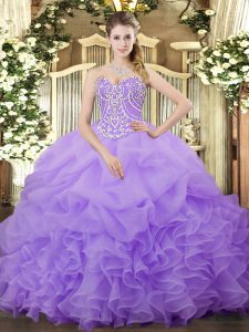 Deluxe Sleeveless Organza Floor Length Lace Up 15 Quinceanera Dress in Lilac with Beading and Ruffles and Pick Ups