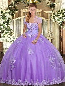 Deluxe Lavender Ball Gowns Tulle Strapless Sleeveless Appliques Floor Length Lace Up Sweet 16 Dress