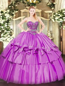Lovely Lilac Sweetheart Neckline Beading and Ruffled Layers Quince Ball Gowns Sleeveless Lace Up