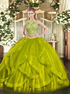 Olive Green Organza Lace Up Scoop Sleeveless Floor Length Quince Ball Gowns Beading and Ruffles