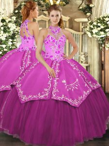Ball Gowns Vestidos de Quinceanera Fuchsia Halter Top Satin and Tulle Sleeveless Floor Length Lace Up