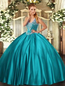 Noble Satin Straps Sleeveless Lace Up Beading Ball Gown Prom Dress in Teal