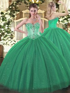 Graceful Turquoise Tulle and Sequined Lace Up Sweetheart Sleeveless Floor Length Sweet 16 Dresses Beading