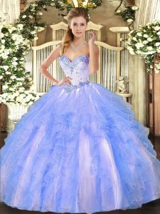 Fine Sleeveless Floor Length Beading and Ruffles Lace Up Ball Gown Prom Dress with Blue And White