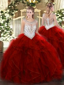 Wine Red Ball Gowns Scoop Sleeveless Tulle Floor Length Zipper Beading and Ruffles Sweet 16 Quinceanera Dress
