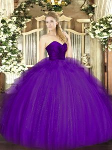 Floor Length Purple Sweet 16 Dresses Tulle Sleeveless Ruffles