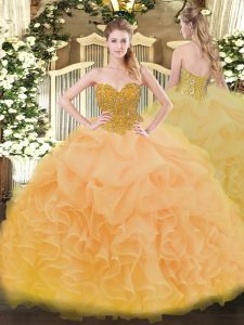 New Arrival Gold Ball Gowns Beading and Ruffles Quinceanera Dresses Lace Up Organza Sleeveless Floor Length