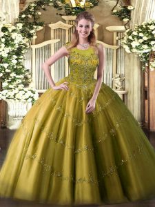 Pretty Olive Green Sleeveless Floor Length Appliques Zipper Sweet 16 Dresses