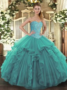 Pretty Turquoise Sleeveless Tulle Lace Up Vestidos de Quinceanera for Military Ball and Sweet 16 and Quinceanera