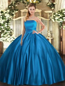 Nice Blue Lace Up Strapless Ruching Quince Ball Gowns Satin Sleeveless