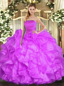 Customized Lilac Strapless Lace Up Ruffles 15th Birthday Dress Sleeveless