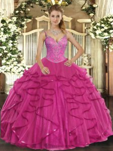 Hot Pink Ball Gowns Beading and Ruffles Sweet 16 Dresses Lace Up Tulle Sleeveless Floor Length