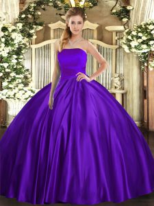 Wonderful Ball Gowns Quinceanera Gowns Purple Strapless Satin Sleeveless Floor Length Lace Up
