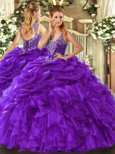 Straps Sleeveless Vestidos de Quinceanera Floor Length Beading and Ruffles and Pick Ups Purple Organza