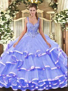 Straps Sleeveless Organza Quinceanera Dress Beading and Ruffled Layers Lace Up