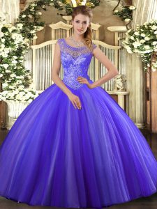 Fantastic Sleeveless Tulle Floor Length Lace Up Quinceanera Dresses in Lavender with Beading