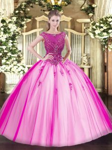 Fuchsia Ball Gowns Beading and Appliques 15 Quinceanera Dress Lace Up Tulle Cap Sleeves Floor Length