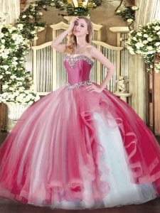 Free and Easy Coral Red Lace Up Sweetheart Beading and Ruffles Quince Ball Gowns Tulle Sleeveless