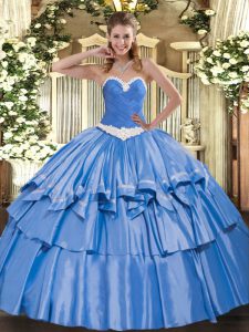 Super Organza and Taffeta Sweetheart Sleeveless Lace Up Appliques and Ruffled Layers Quinceanera Gown in Blue