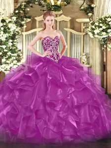Fuchsia Sweetheart Lace Up Beading and Ruffles 15 Quinceanera Dress Sleeveless