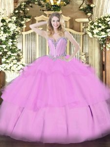 Hot Selling Lilac Tulle Lace Up Sweetheart Sleeveless Floor Length Sweet 16 Dress Beading and Ruffled Layers