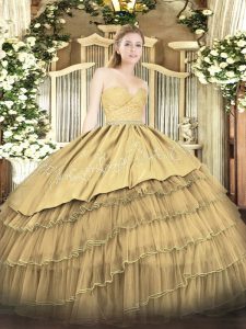 Noble Gold Sweetheart Zipper Beading and Lace and Embroidery and Ruffled Layers Vestidos de Quinceanera Sleeveless
